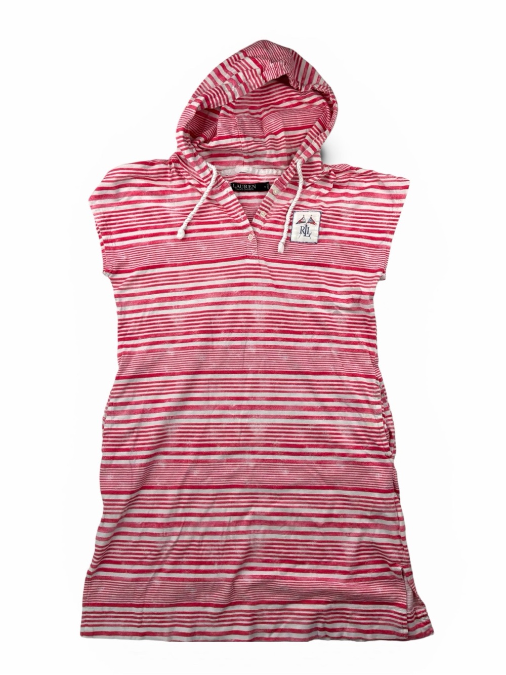Lauren Ralph Lauren Pink and White Striped Hooded Swim Dress Small